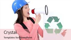  Presentation with construction worker harassment workplace - PPT layouts enhanced with vertical arrows - female construction worker promoting recycling background and a coral colored foreground