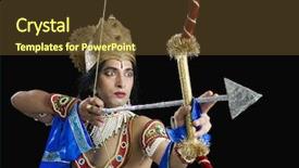  Presentation with artist - PPT layouts consisting of vertical arrows - stage artist dressed-up as rama background and a tawny brown colored foreground