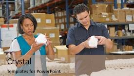 Presentation with factory workers - Slide set consisting of vertical lines - factory workers checking goods background and a coral colored foreground