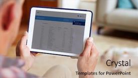  Presentation with banking app - Beautiful PPT layouts featuring vertical lines - man looking at banking app backdrop and a soft green colored foreground