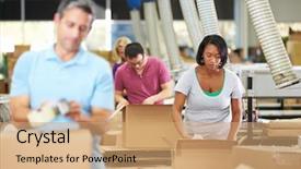  Presentation with dispatch - Cool new presentation theme with vertical lines - workers in warehouse preparing goods backdrop and a coral colored foreground