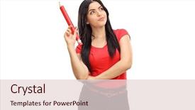  Presentation with vertical - Slides having vertical shot of a pensive young woman holding a huge pencil isolated on white background background and a lemonade colored foreground