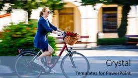  Presentation with anonymous invisible face in urban - Beautiful slides featuring vertical transportation - urban biking - woman backdrop and a  colored foreground