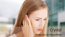  Presentation with head ache - Presentation featuring vertigo - young woman with huge head background and a coral colored foreground