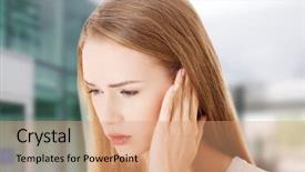  Presentation with head ache - Slides having vertigo - young woman with huge head background and a coral colored foreground