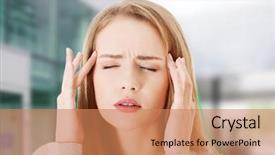  Presentation with head ache - Colorful slide deck enhanced with vertigo - young woman with huge head backdrop and a coral colored foreground