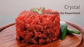  Presentation with hamburger - Beautiful presentation theme featuring very-big-raw-hamburger-cutlet backdrop and a coral colored foreground