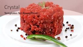  Presentation with chilli - Audience pleasing PPT layouts consisting of very big raw hamburger cutlet with sprouts and chilli pepper on white plate over black background backdrop and a red colored foreground