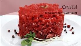  Presentation with chilli - PPT theme with very big raw hamburger cutlet with sprouts and chilli pepper on white plate over black background background and a red colored foreground