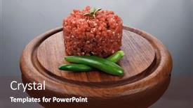  Presentation with hamburger - Slides enhanced with very big raw hamburger cutlet with sprouts and chill pepper on wooden plate over black background background and a tawny brown colored foreground