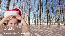 Presentation with snow day - Cool new PPT layouts with very handsome little boy in a red santa claus hat in winter snow-covered aspen grove new year in lapland sunny and snowy winter day concept of the children's tourism backdrop and a coral colored foreground