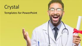  Presentation with special education young adult man - Cool new presentation design with very happy and excited winner backdrop and a  colored foreground