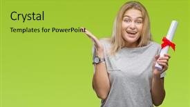  Presentation with woman hands raised to sky - Colorful PPT layouts enhanced with very happy and excited winner backdrop and a  colored foreground