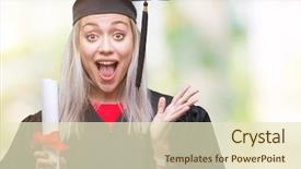  Presentation with woman hands raised to sky - PPT theme featuring very happy and excited winner background and a  colored foreground