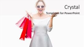  Presentation with blonde holds a magnifying glass - Beautiful PPT theme featuring very happy and excited winner backdrop and a  colored foreground