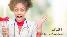  Presentation with woman hands raised to sky - Theme featuring very happy and excited winner background and a  colored foreground