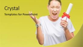  Presentation with woman hands raised to sky - Colorful PPT layouts enhanced with very happy and excited winner backdrop and a  colored foreground