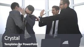  Presentation with office - Colorful slide deck enhanced with very happy business colleagues standing backdrop and a  colored foreground