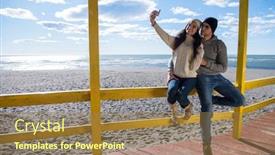  Presentation with selfie - Amazing theme having very happy couple in love taking selfie on the beach in autmun day backdrop and a coral colored foreground