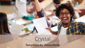  Presentation with amphitheater - Cool new theme with very-happy-male-student backdrop and a coral colored foreground