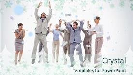  Presentation with people falling - PPT theme enhanced with very happy people with money falling from the sky against green snowflake design background and a sky blue colored foreground