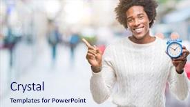  Presentation with vintage clock - Colorful slides enhanced with very happy pointing with hand backdrop and a sky blue colored foreground