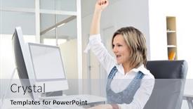  Presentation with successful - Slide set with very-happy-young-woman-satisfied background and a light gray colored foreground