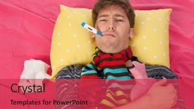  Presentation with bottle water - Beautiful PPT theme featuring very ill man is sitting in his bed with warm water bottle and thermometer backdrop and a red colored foreground