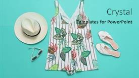  Presentation with blue floral - Cool new slide deck with vest with floral print with fern and palm and hat shoes sunglasses on blue background backdrop and a arctic colored foreground