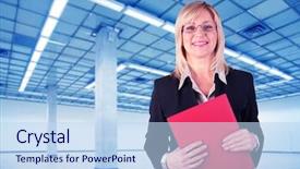  Presentation with empty - Presentation theme having vestibule - businesswoman and empty hall background and a  colored foreground