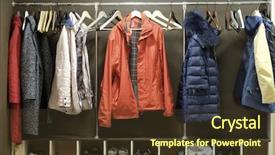  Presentation with clothes - Presentation design consisting of vestibule - clothes in a cloakroom background and a tawny brown colored foreground