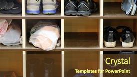 Presentation with shoes industry - Presentation design with vestibule - shoes on a shelf background and a tawny brown colored foreground