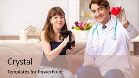  Presentation with doctor visiting family a new born - Beautiful PPT theme featuring vet doctor visiting sick kittens backdrop and a coral colored foreground