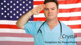  Presentation with american flag - Presentation enhanced with veterans medical - doctor in scrubs with stethoscope background and a light blue colored foreground
