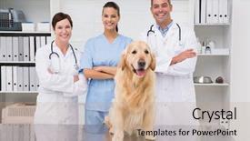  Presentation with camera - Presentation theme having veterinarian coworker smiling at camera background and a coral colored foreground