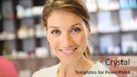  Presentation with pharmacist - Audience pleasing presentation design consisting of veterinary pharmacy - portrait of smiling pharmacist woman backdrop and a  colored foreground
