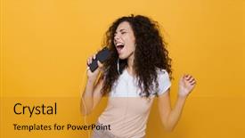  Presentation with happy image - Colorful presentation theme enhanced with via earphones isolated over yellow backdrop and a gold colored foreground