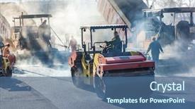  Presentation with vibration - Beautiful PPT layouts featuring vibration - workers making asphalt with shovels backdrop and a ocean colored foreground