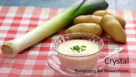  Presentation with soup - Beautiful PPT theme featuring vichyssoise cold potato soup american summer cuisine backdrop and a coral colored foreground