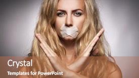  Presentation with violence woman - Colorful presentation design enhanced with victim witness - woman with mouth sealed plaster backdrop and a coral colored foreground