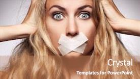  Presentation with violence woman - Cool new PPT theme with victim witness - woman with mouth sealed plaster backdrop and a coral colored foreground