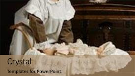  Presentation with victorian - Presentation theme featuring victorian style photo of a little girl playing with her doll background and a coral colored foreground