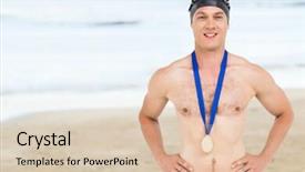  Presentation with gold medal - Theme consisting of victories swimmer posing with gold medal around his neck against water edge at the beach background and a lemonade colored foreground