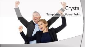  Presentation with business partner people joining hand - Audience pleasing presentation design consisting of victorious business couple with hands backdrop and a white colored foreground