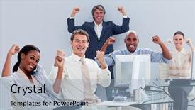  Presentation with victory team - Presentation theme with victorious business team celebrating background and a light blue colored foreground