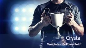  Presentation with trophy award hand holding - Amazing PPT layouts having victorious rugby player holding trophy backdrop and a navy blue colored foreground