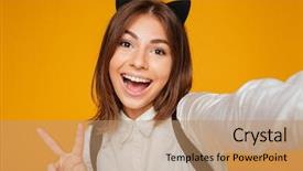  Presentation with wind energy close up portrait - Theme consisting of victory gesture isolated over orange background and a coral colored foreground