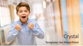  Presentation with child eye - PPT theme having victory triumphant at school corridor background and a lemonade colored foreground