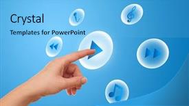  Presentation with media - Presentation design enhanced with video arrow - woman hand pressing media player background and a light blue colored foreground