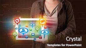  Presentation with music sign colorful - Amazing PPT theme having video background e business - young girl presenting a tablet backdrop and a  colored foreground